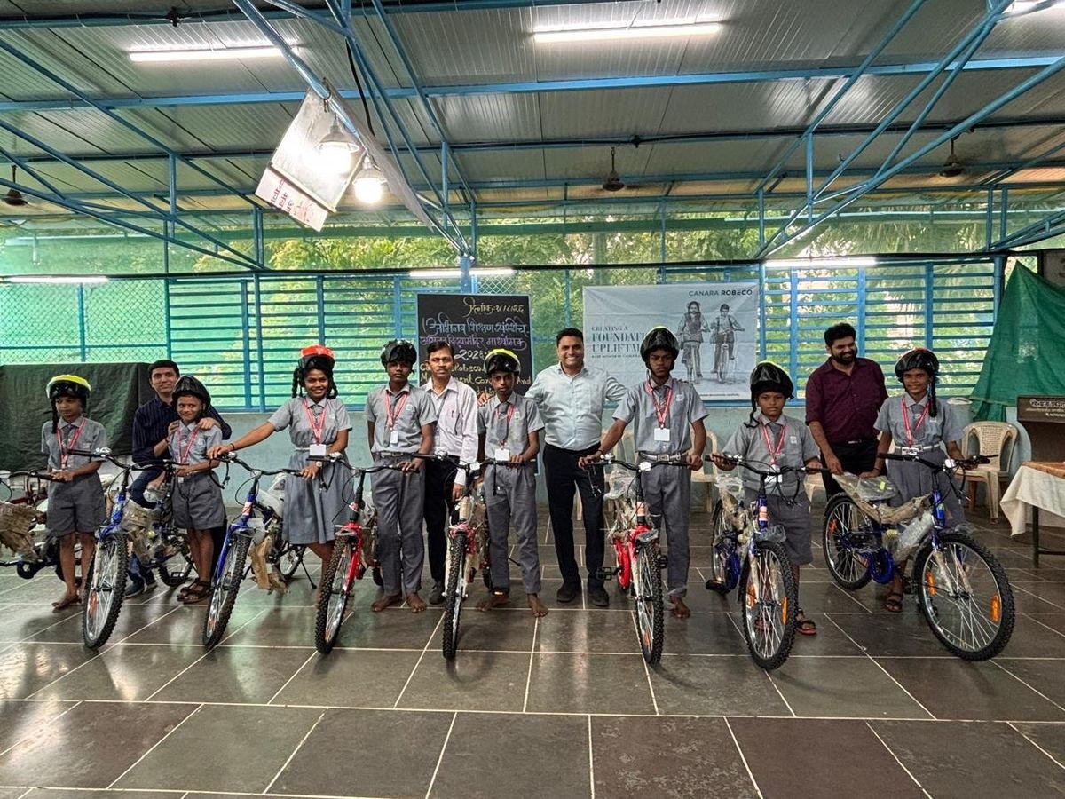 Students lined up with their new bicycles