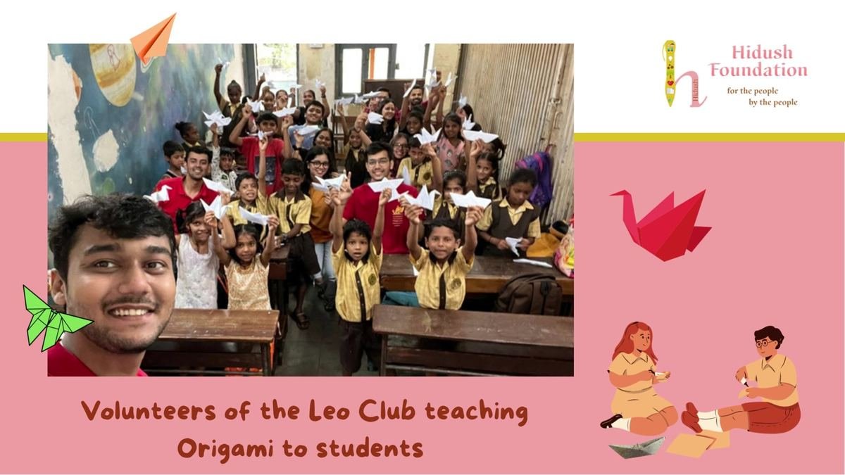 Students with their origami and the Leo Club volunteers
